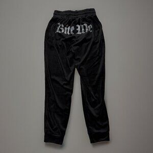 Y2K Style Velour Pants Womens Small Black 'Bite Me' Rhinestones Casual (25x28.5)